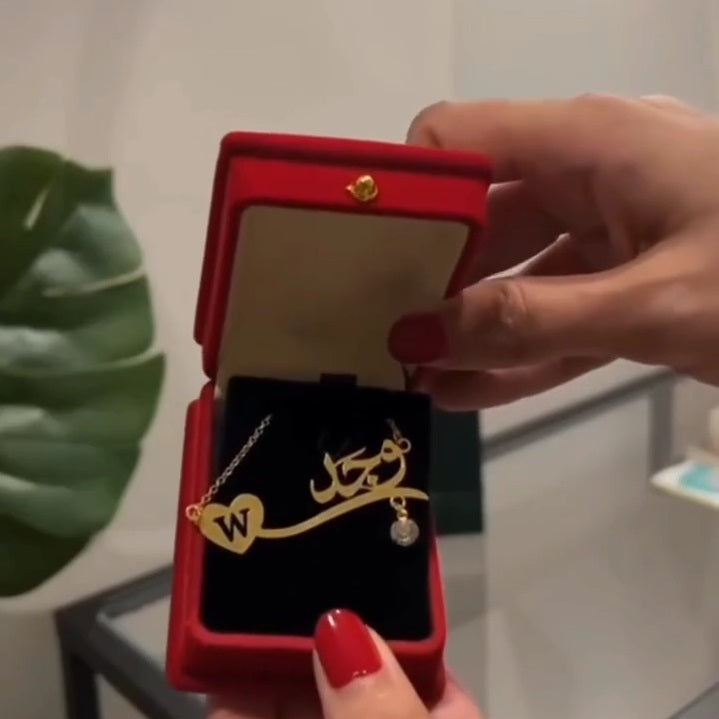 Personalized Arabic Name Necklace with Heart Initial & Crystal Drop – Gold Plated
