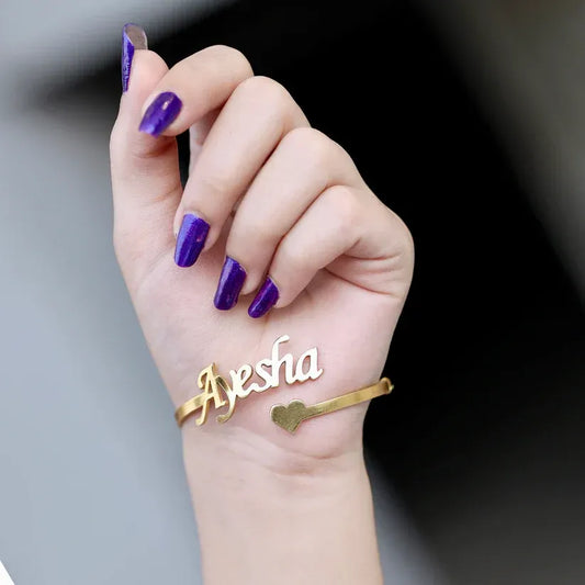 Gold Plated Customize Name Bangle With Heart