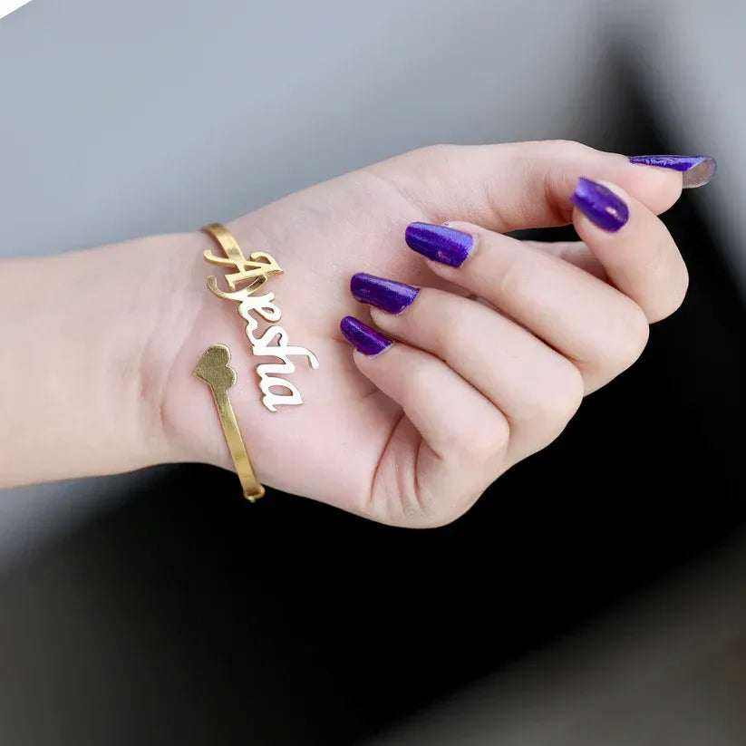 Gold Plated Customize Name Bangle With Heart